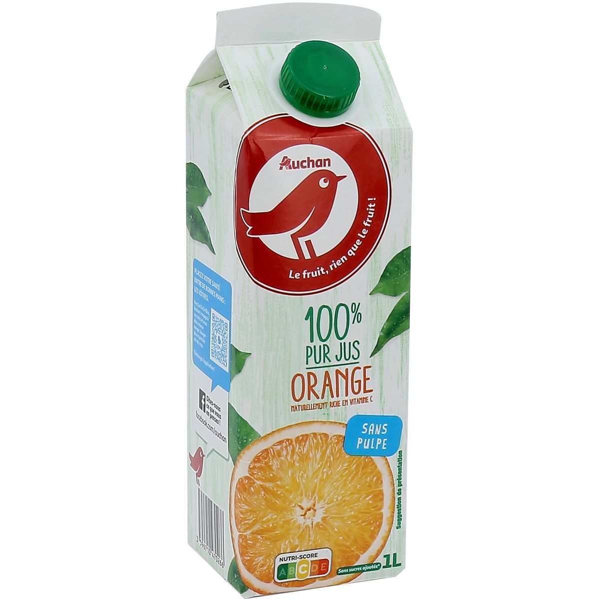AUCHAN Pur jus d'orange sans pulpe brique 1l