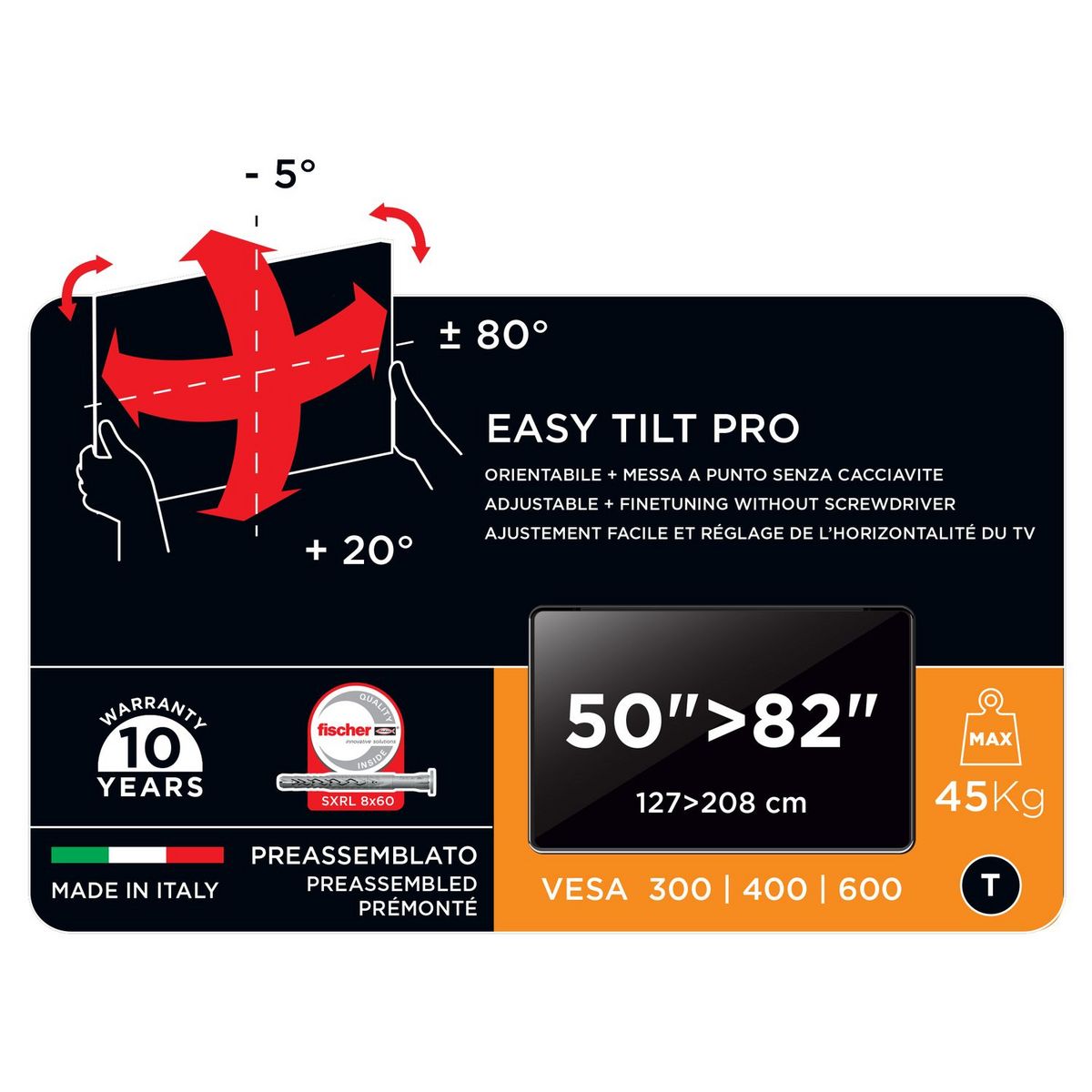 MELICONI Support TV Pantographe Slim 600 SDRP Plus orientable et inclinable 50 à 82 pouces - Noir