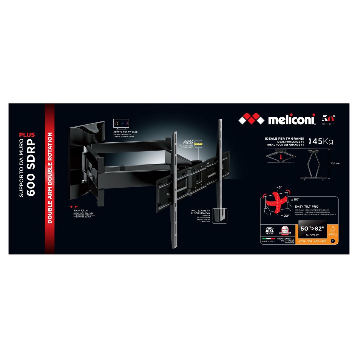 MELICONI Support TV Pantographe Slim 600 SDRP Plus orientable et inclinable 50 à 82 pouces - Noir