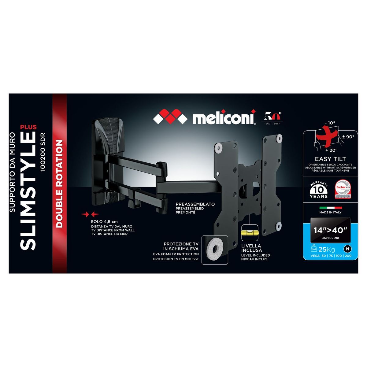 MELICONI Support TV SP 100200SDR Plus  Inclinable et Double Rotation  14 à 40 pouces - Noir