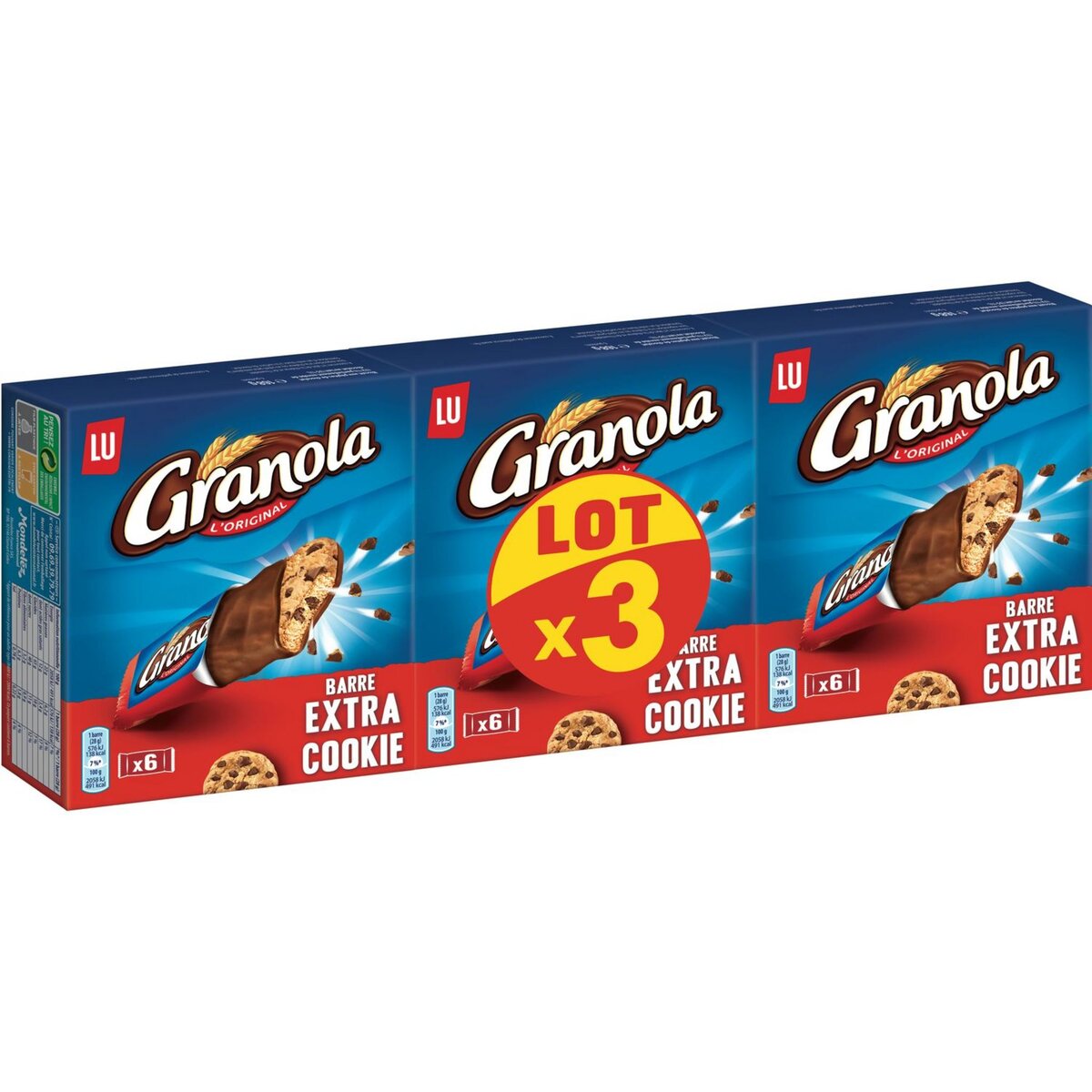 GRANOLA Barre extra cookie enrobée de chocolat au lait 18 barres 3x168g