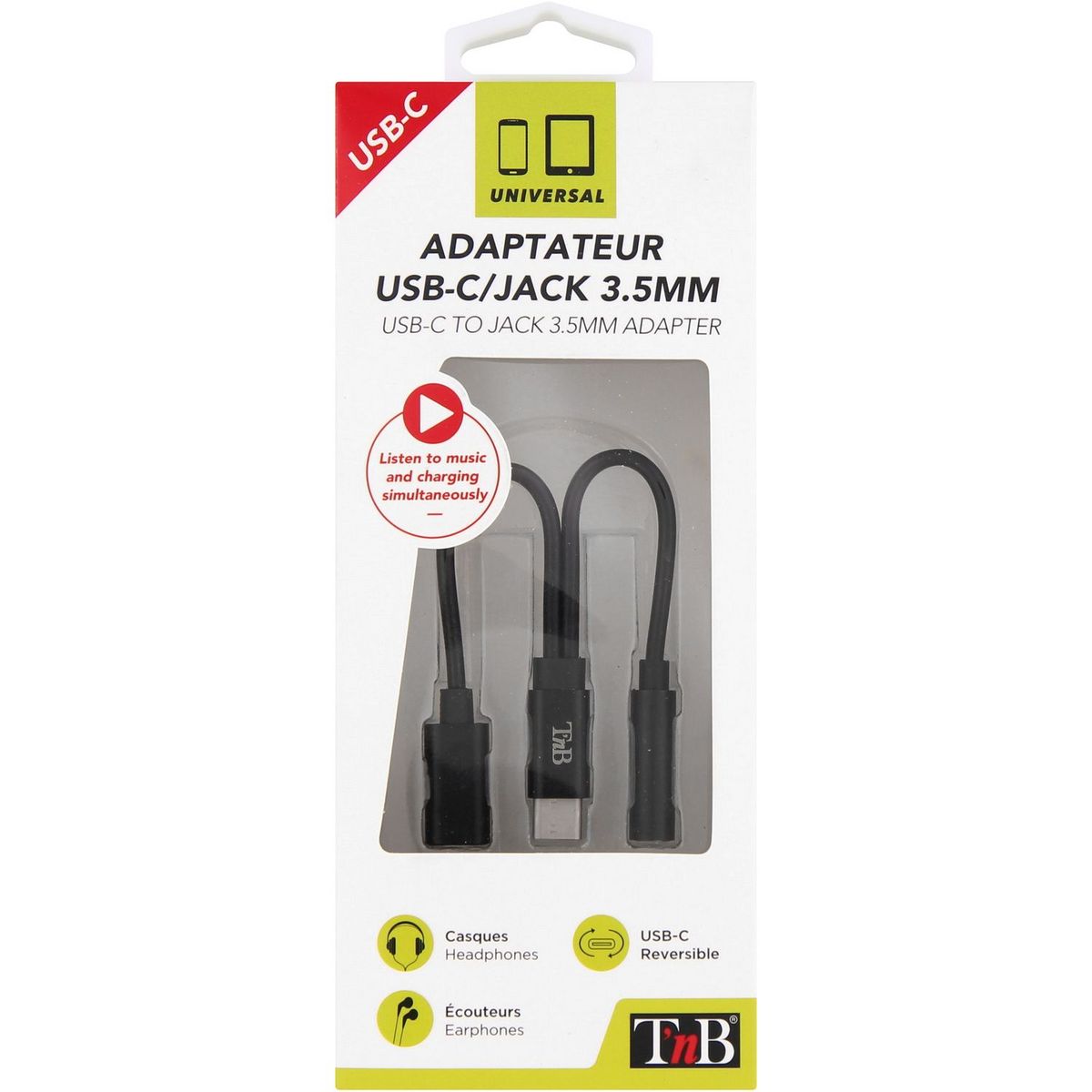 TNB Adaptateur ADAUSBC 35 USB-C mâle / Jack 3.5 mm et USB-C femelles Noir