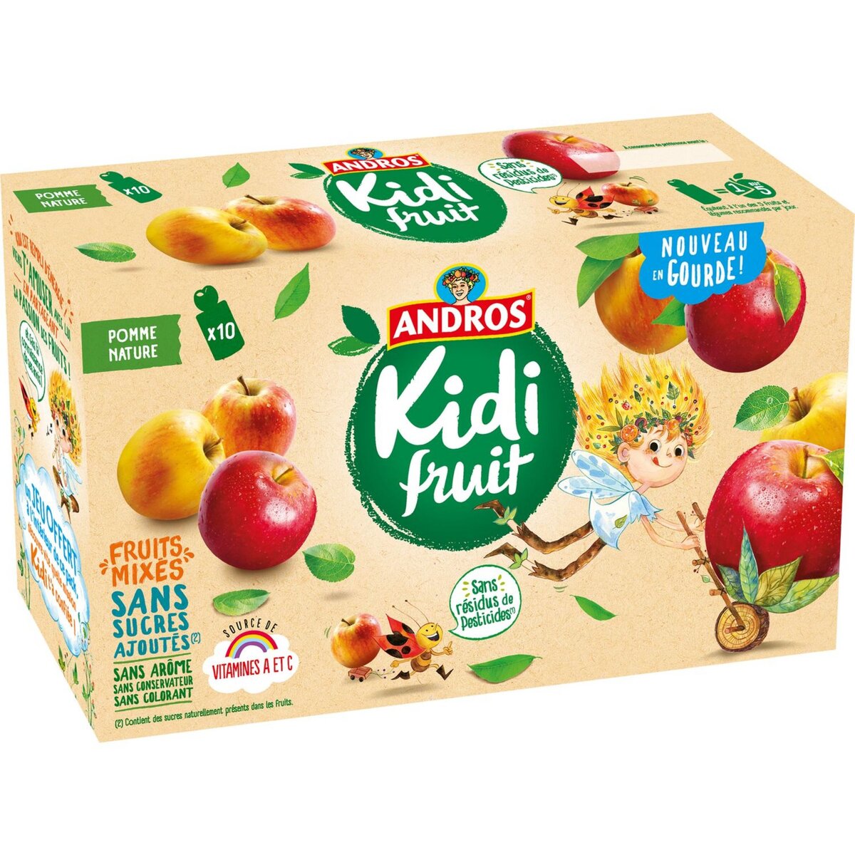 ANDROS Kidifruit gourdes pomme nature sans sucres ajoutés ni résidus de pesticides 10x85g
