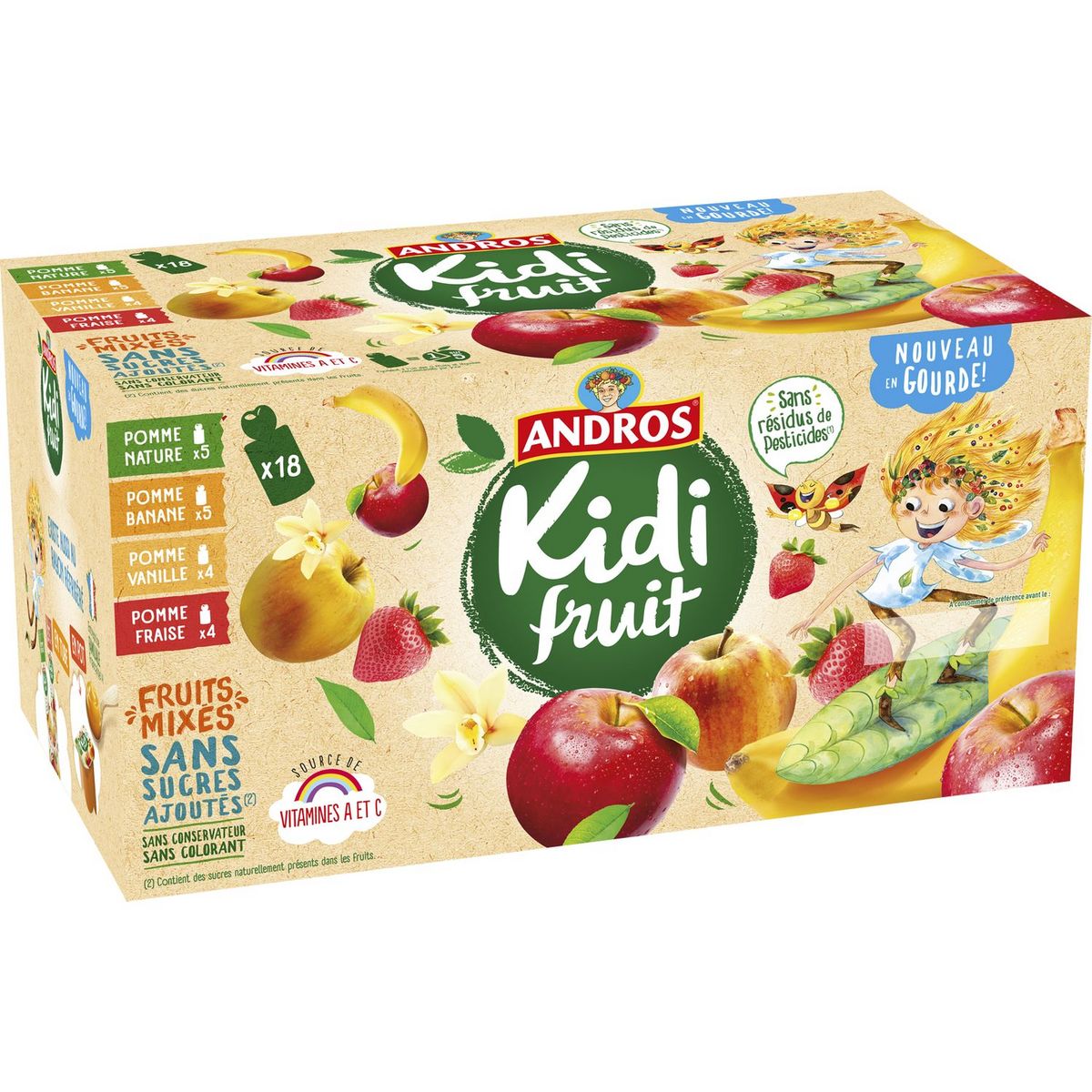 ANDROS Kidifruit gourdes pomme fraise banane vanille sans sucres ajoutés 18x85g