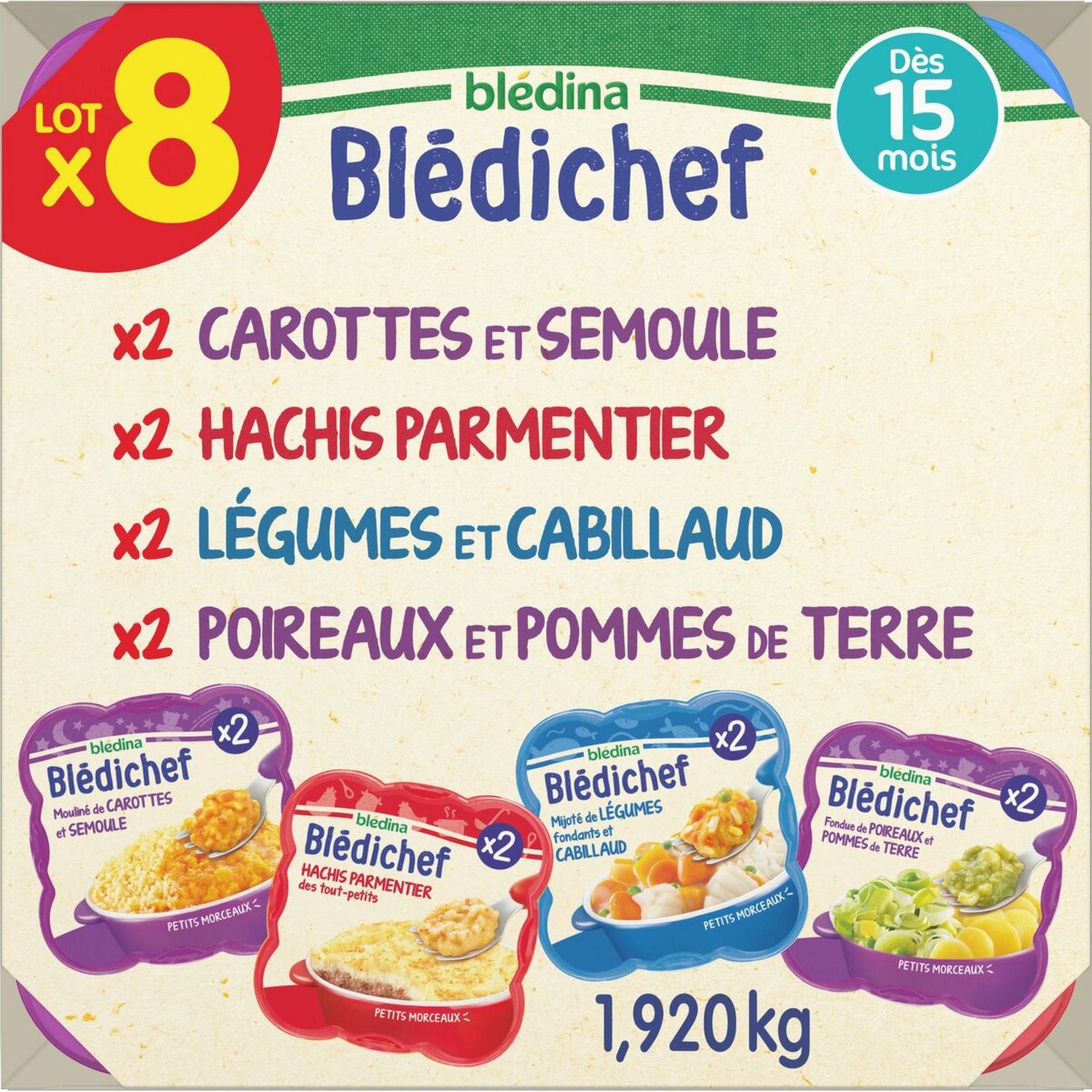 BLEDINA Blédina Assiettes 4 variétés légumes viandes poissons dès 15 mois 8x250g 8x250g