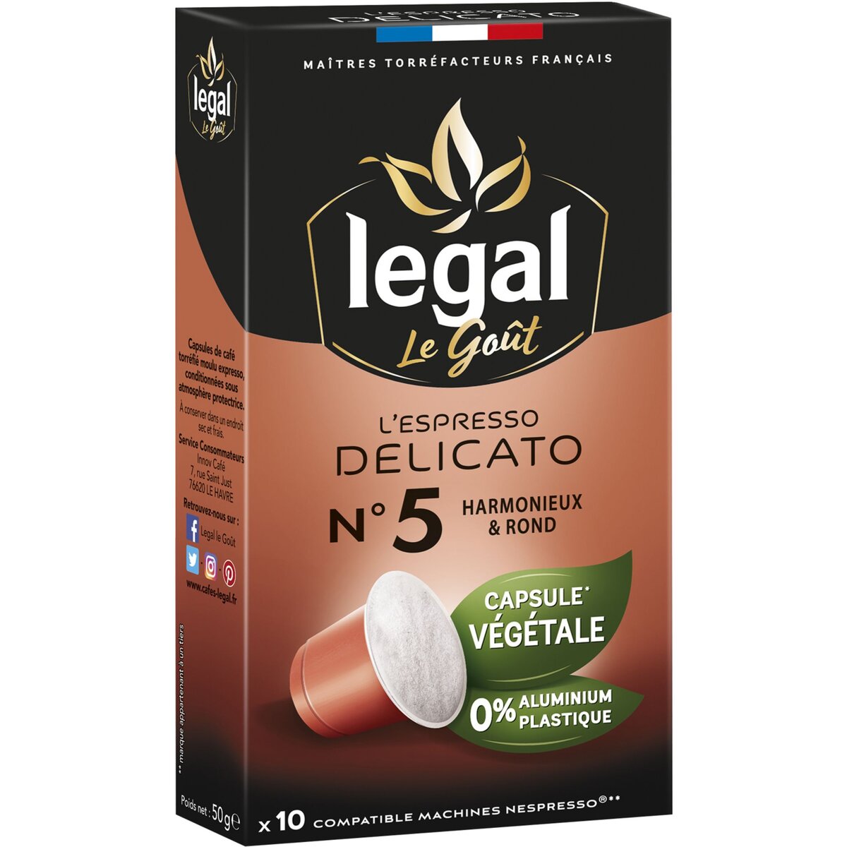 LEGAL Café espresso delicato en capsule végétale compatible Nespresso 10 capsules 50g