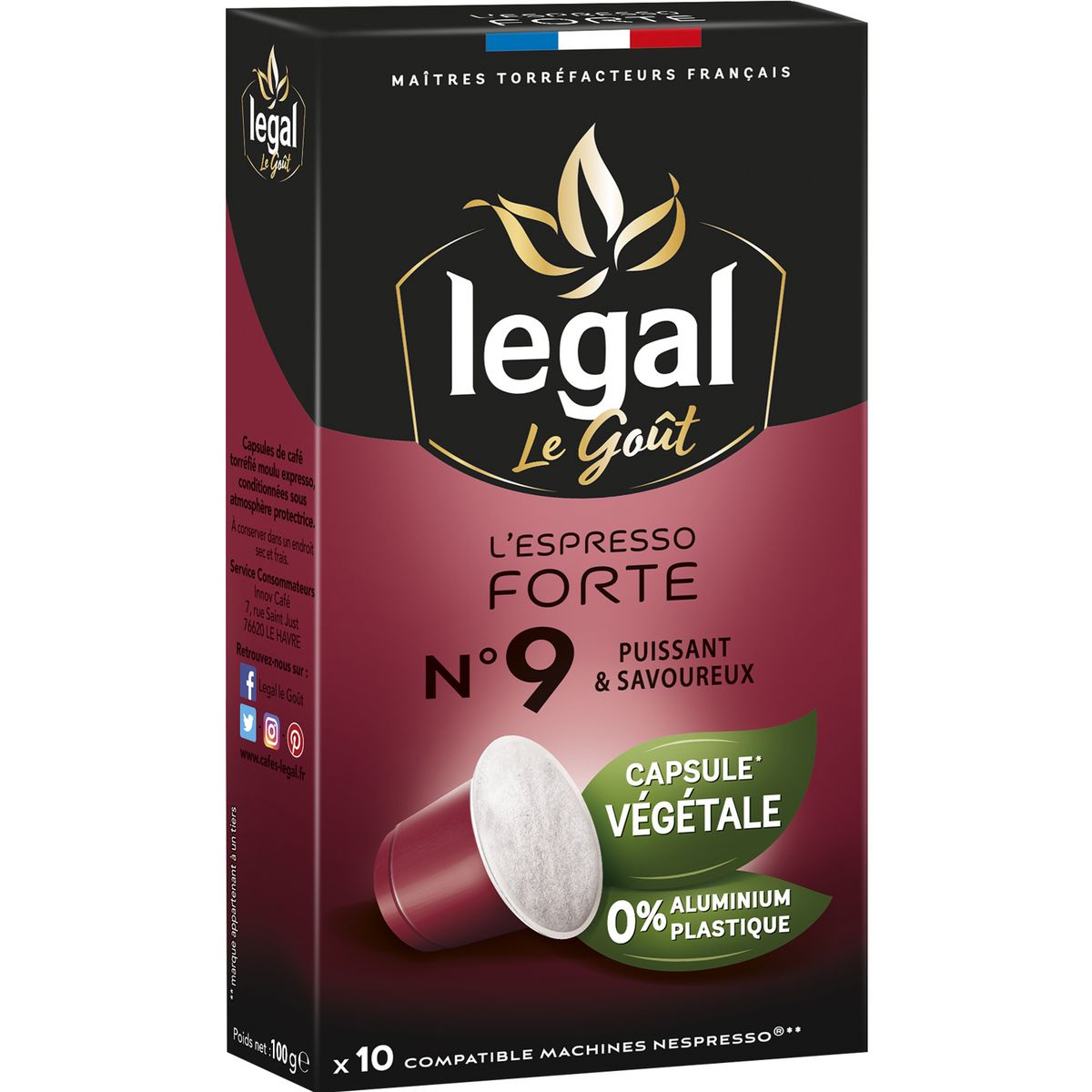 LEGAL Café espresso forte n°9 en capsule végétale compatible Nespresso 10 capsules 50g