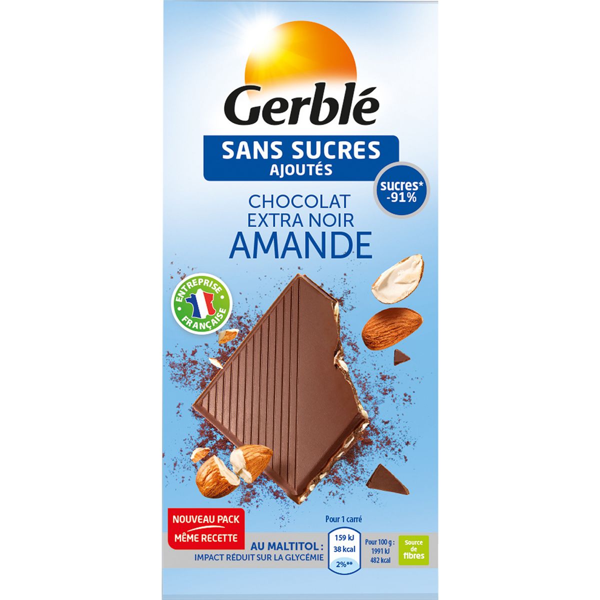 GERBLE Tablette de chocolat extra noir amande sans sucres ajoutés 80g