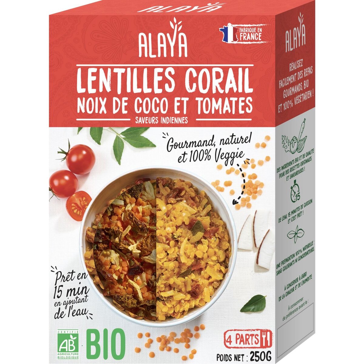 Alaya Lentilles corail noix de coco et tomates bio veggie 250g 4 personnes 250g