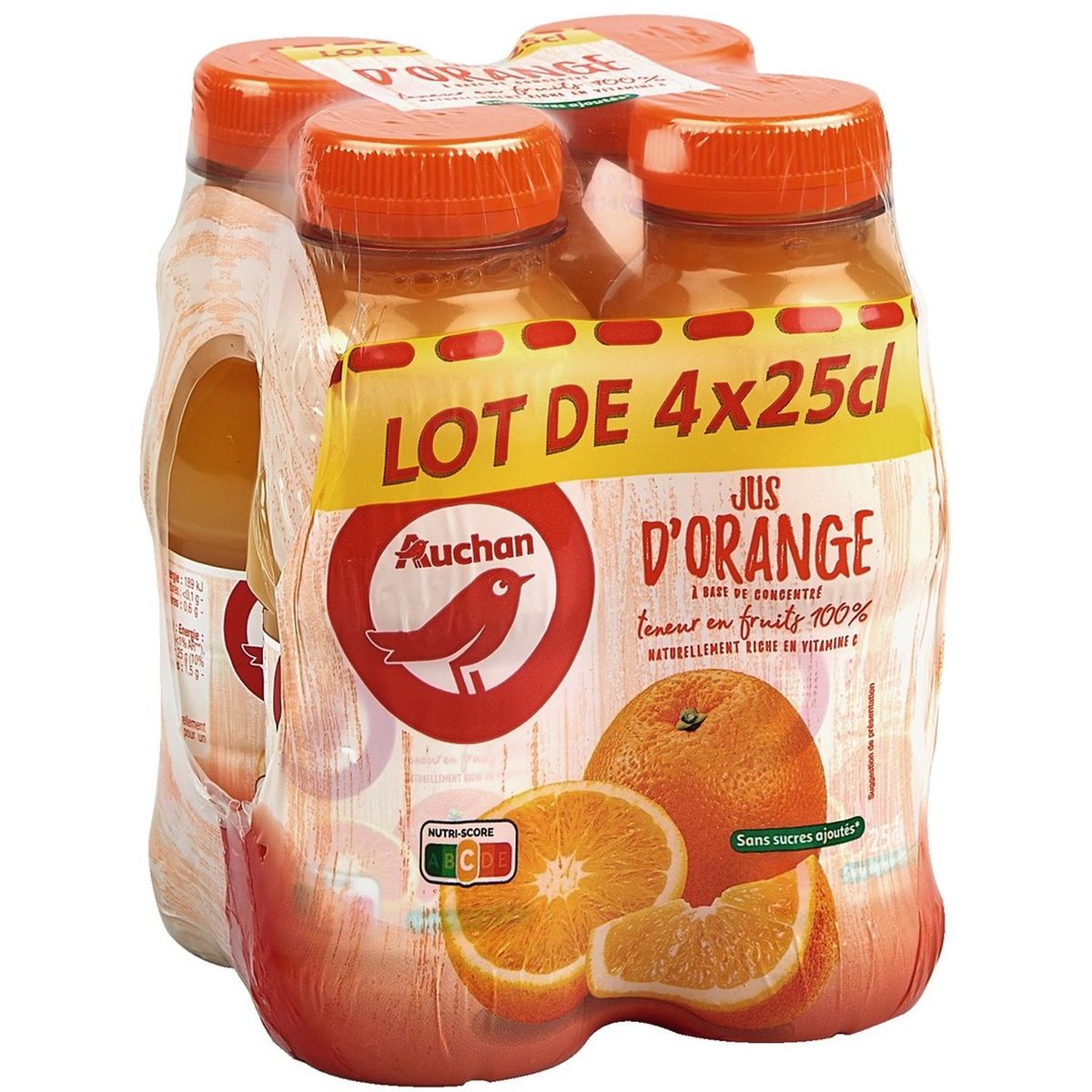 AUCHAN Jus d'orange à base de concentré sans sucres ajoutés  4x25cl