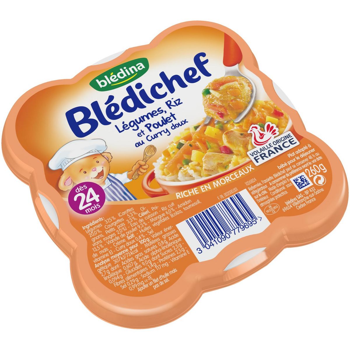 BLEDINA Blédichef légumes riz poulet au curry doux 260g dès 24mois