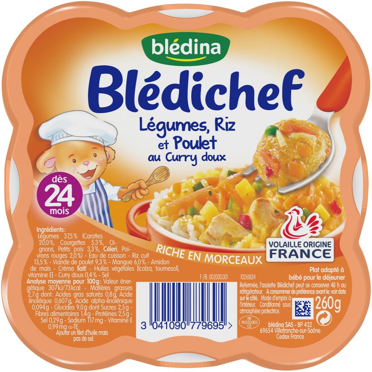 BLEDINA Blédichef légumes riz poulet au curry doux 260g dès 24mois