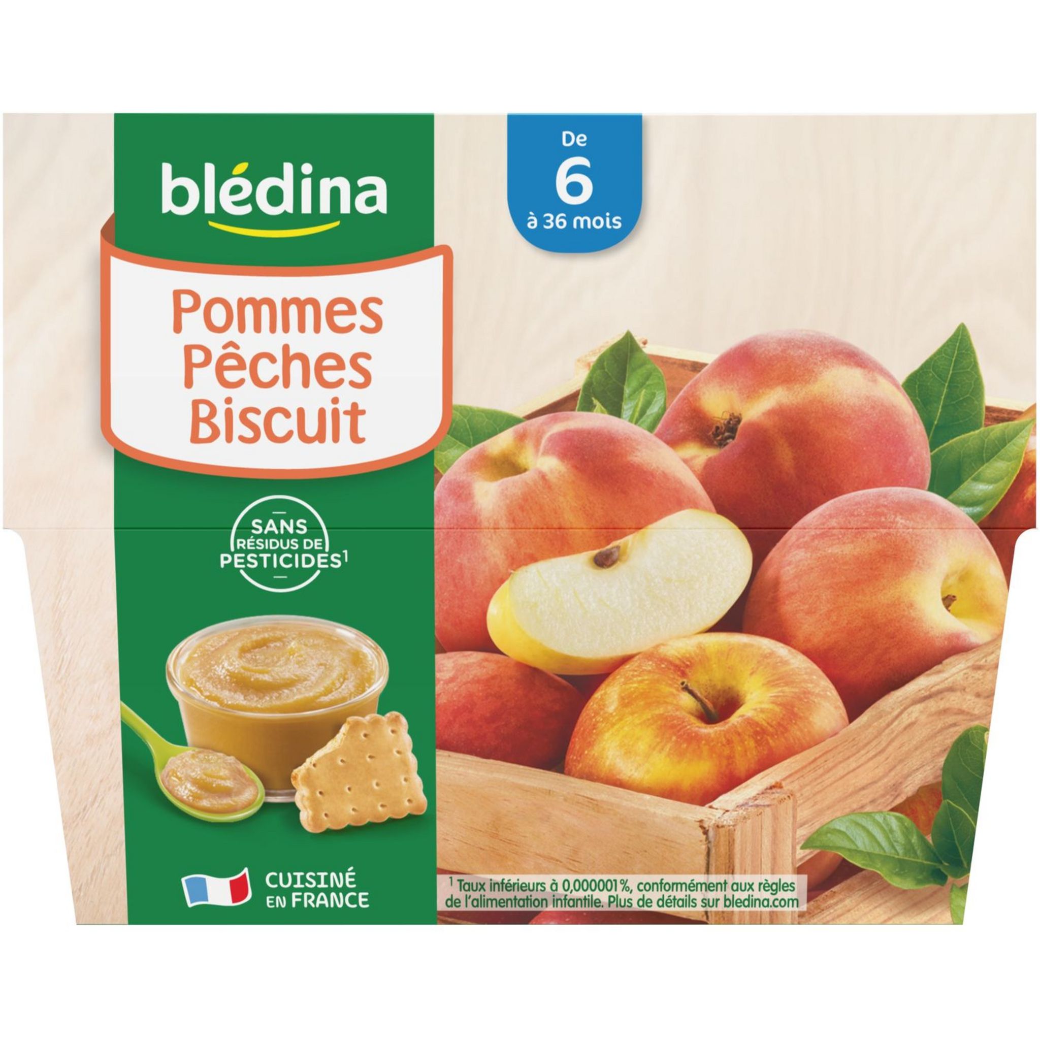 Voir la diapositive 4 : BLEDINA Blédina coupelle pomme pêche biscuit 4x100 de 6 à 36mois