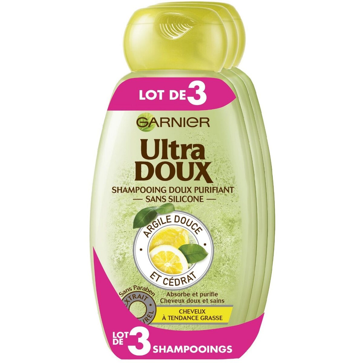 ULTRA DOUX Shampooing doux purifiant argile & cédrat cheveux à tendance grasse 3x250ml