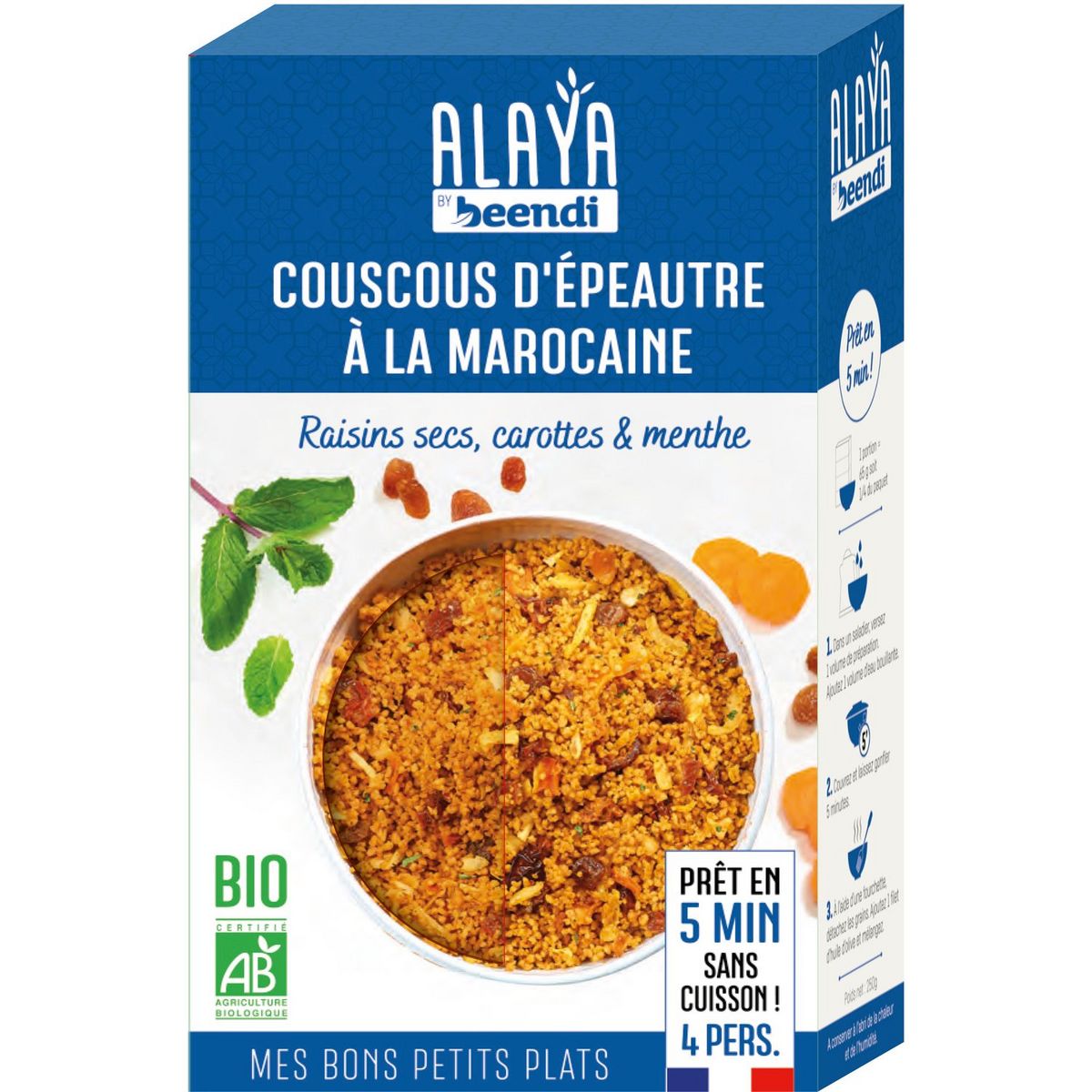 Alaya Couscous d'épeautre bio à la marocaine, raisins secs carottes 250g 4 personnes 250g