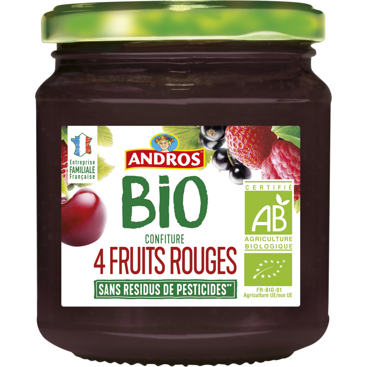 ANDROS Confiture bio aux 4 fruits rouges sans résidus de pesticides 355g