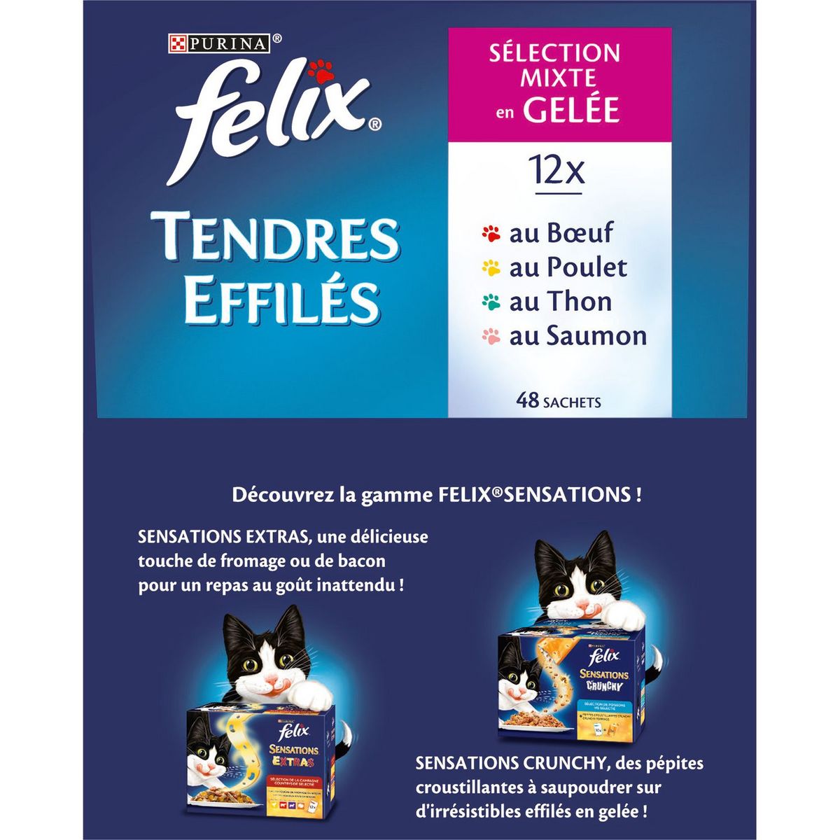 FELIX Tendres effilés sachets repas en gelée à la viande 48x100g dont 14 offerts