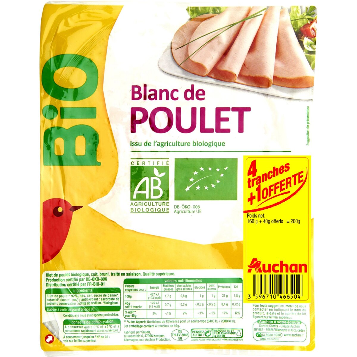 AUCHAN Auchan blanc de poulet bio tranche x4 +1offerte 200g