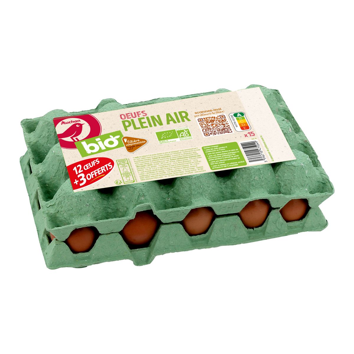 AUCHAN BIO Œufs moyens de poules élevées en plein air 15 œufs