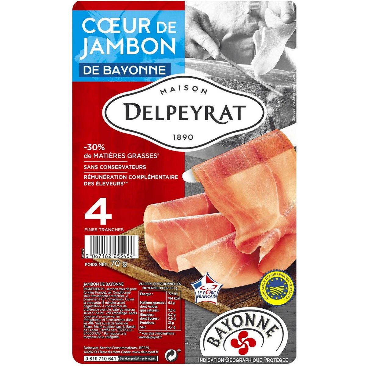 DELPEYRAT Coeur de jambon de Bayonne IGP 4 tranches 70g
