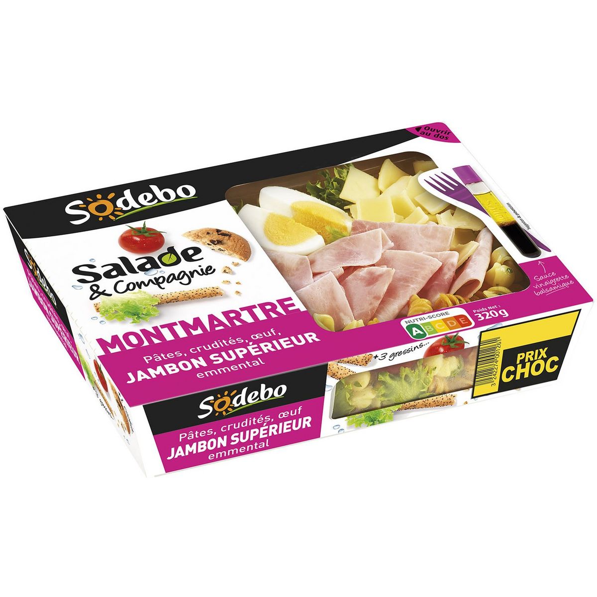 SODEBO Salade Montmartre pâtes crudités œuf jambon et emmental 1 portion 320g