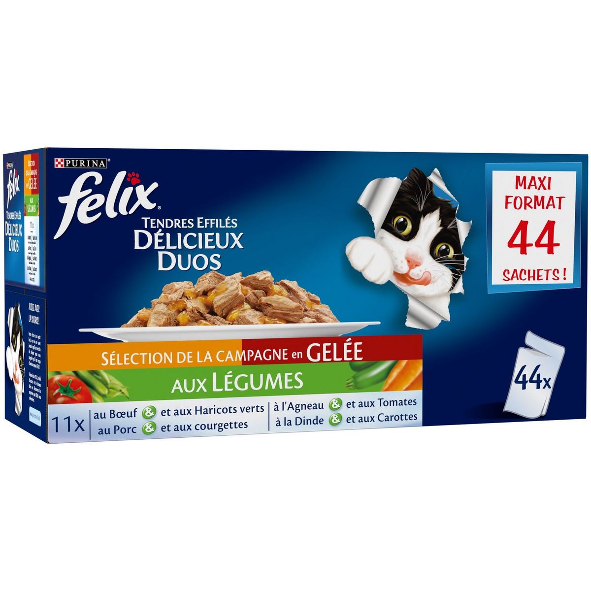FELIX Sachets repas effilés en gelée viandes légumes pour chat 44x100g