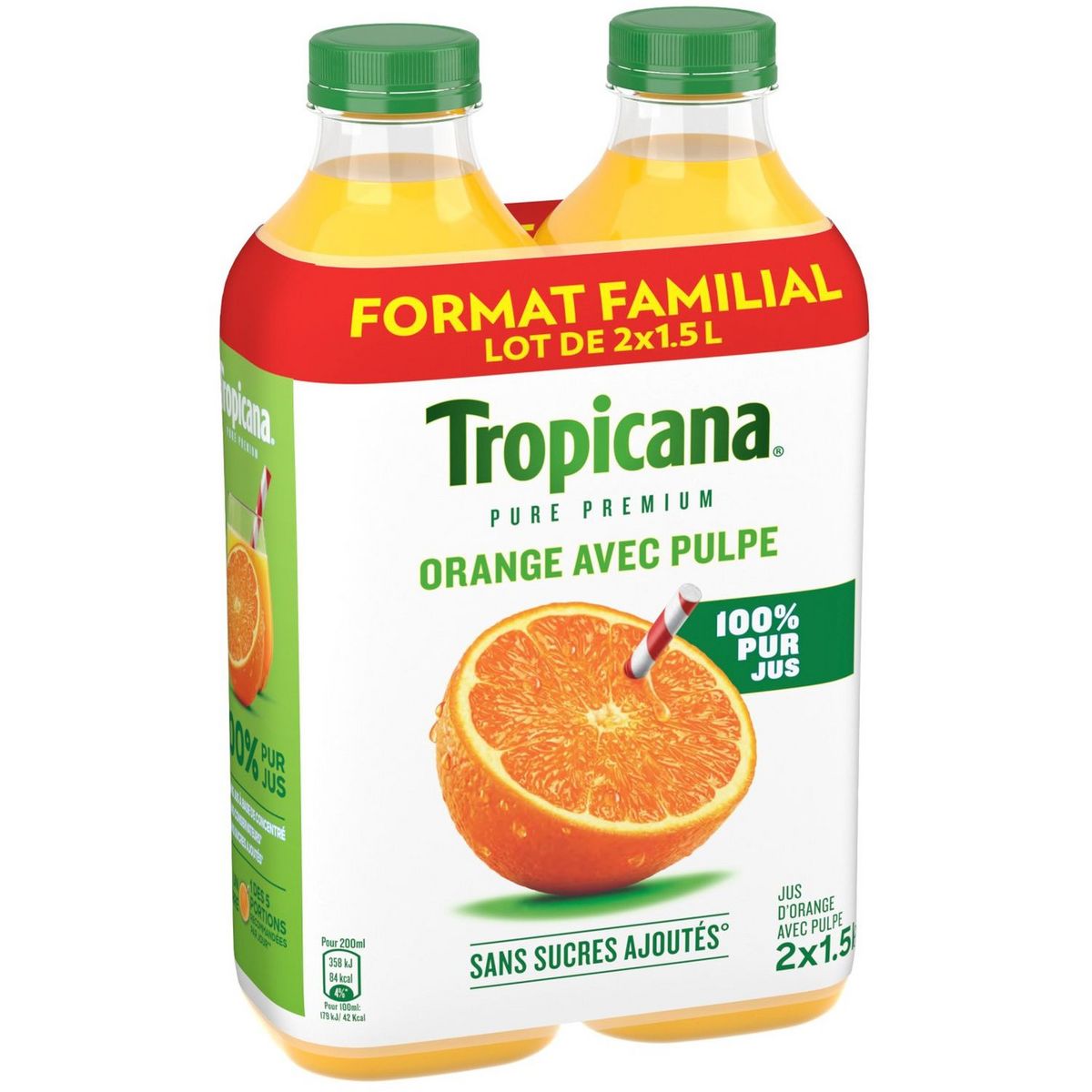 TROPICANA Jus pure premium 100% orange avec pulpe 2x1,5l