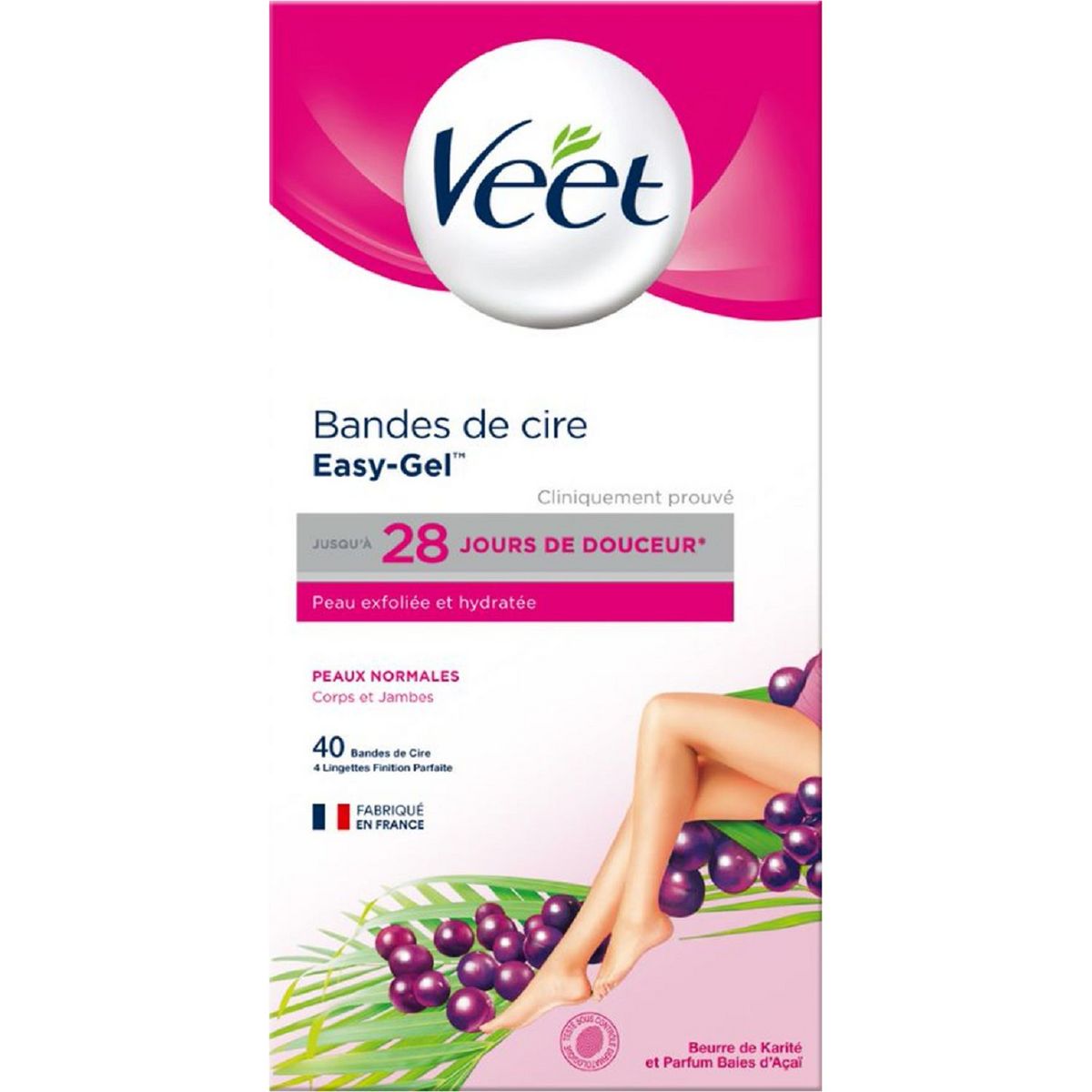 VEET Bandes de cire easy gel karité & baies d'açaï peaux normales 40 bandes