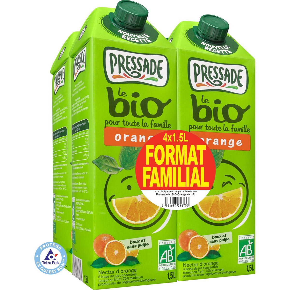 PRESSADE Pressade nectar d'orange bio 4x1,5l format familial 4x1,5l