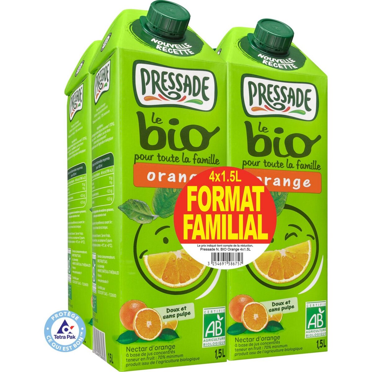 PRESSADE Pressade nectar d'orange bio 4x1,5l format familial 4x1,5l
