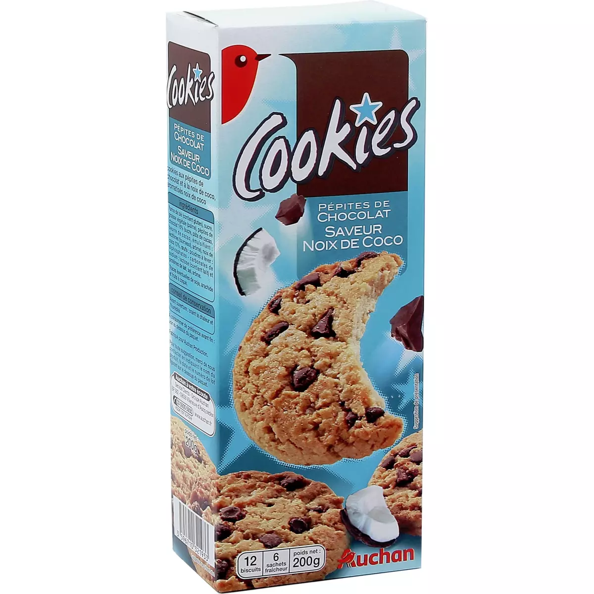 AUCHAN Cookies aux pépites de chocolat saveur noix de coco, sachets fraîcheur 6x2 biscuits 200g