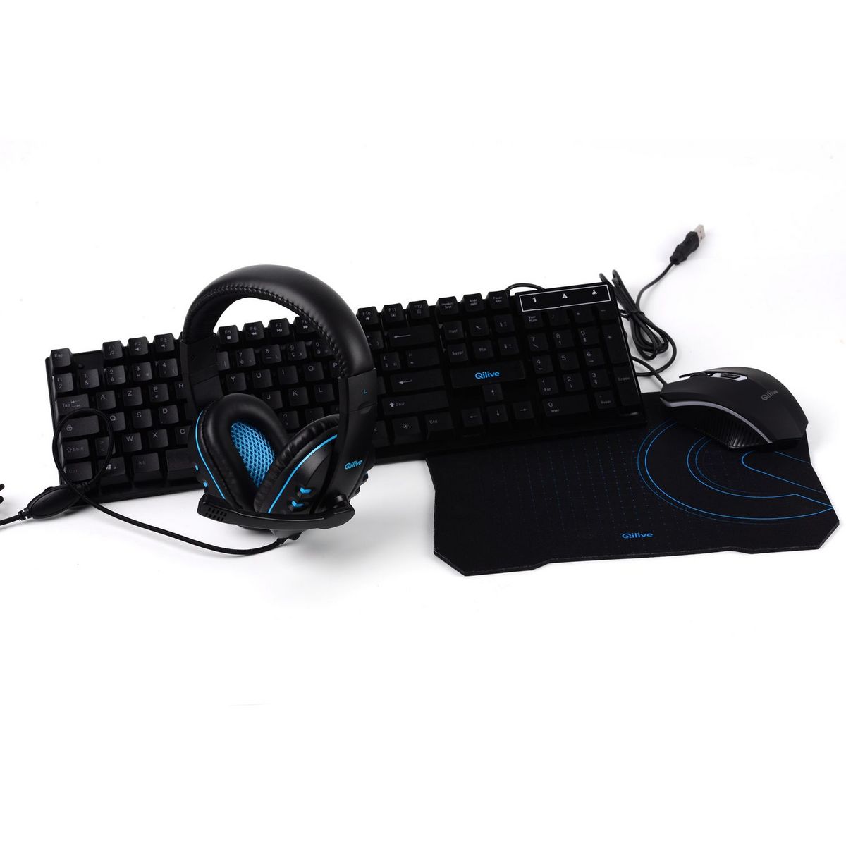 QILIVE Bundle Gaming 4 en 1 avec Clavier, Souris, Tapis de souris et Casque Noir