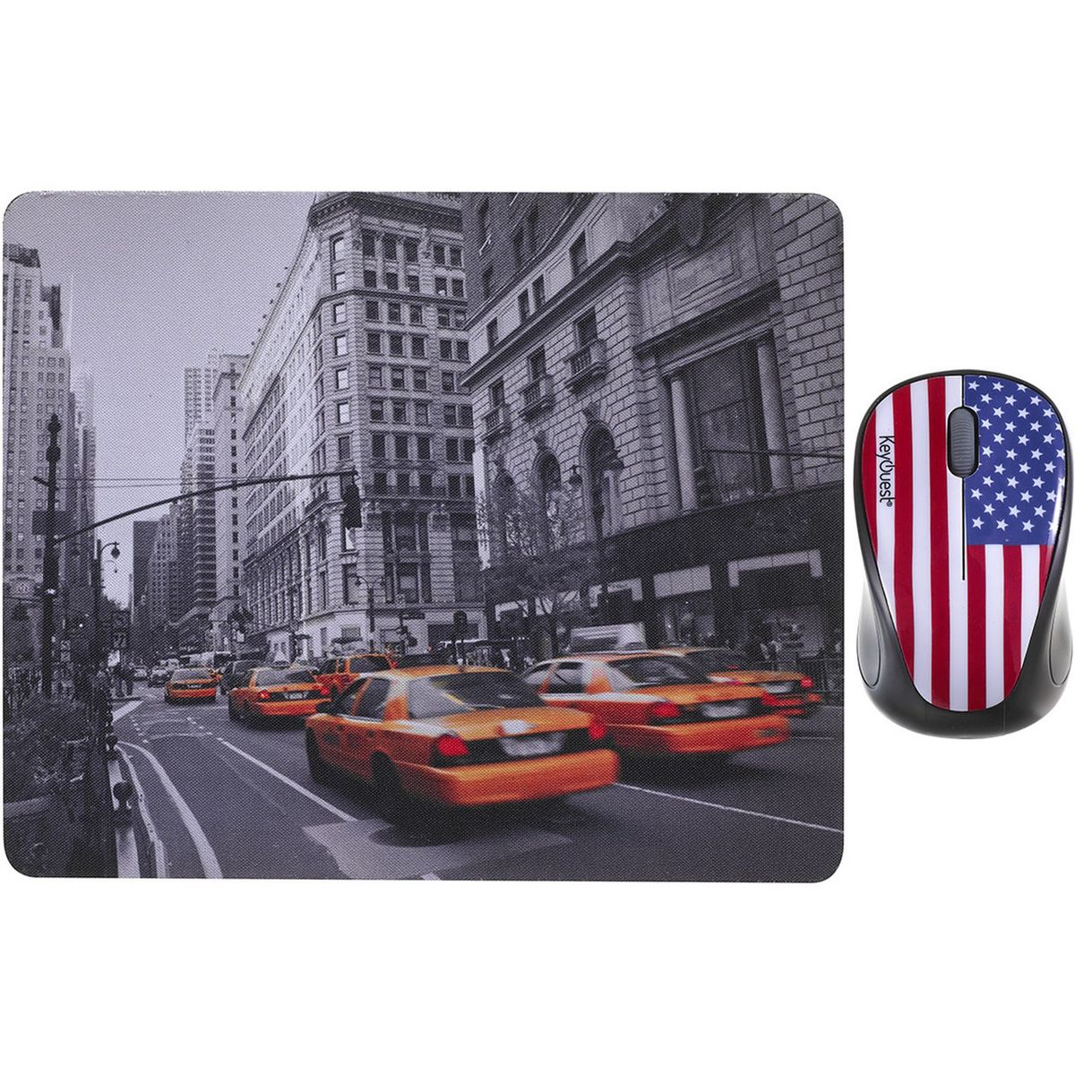 KEYOUEST Bundle USA avec Tapis de souris et Souris Sans fil Rouge, Bleu, Blanc, Jaune et gris