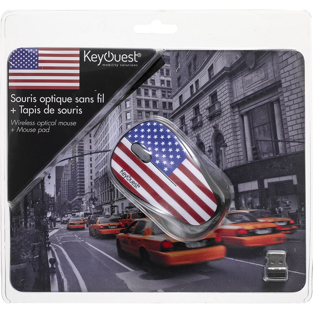 KEYOUEST Bundle USA avec Tapis de souris et Souris Sans fil Rouge, Bleu, Blanc, Jaune et gris