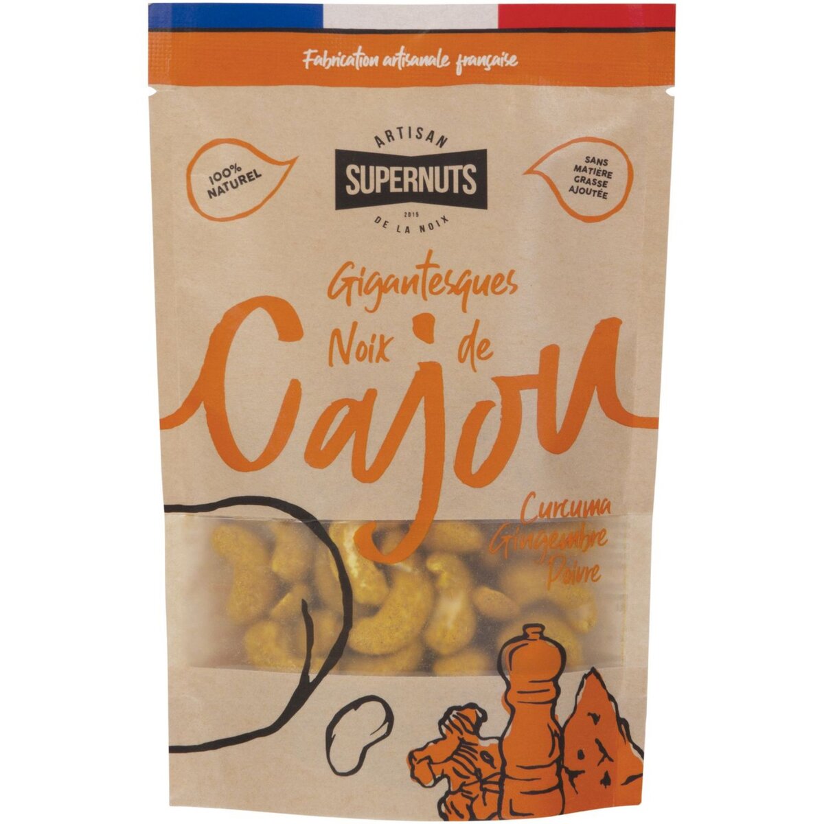 SUPERNUTS Noix de cajou curcuma, gingembre, poivre 100% naturel 100g
