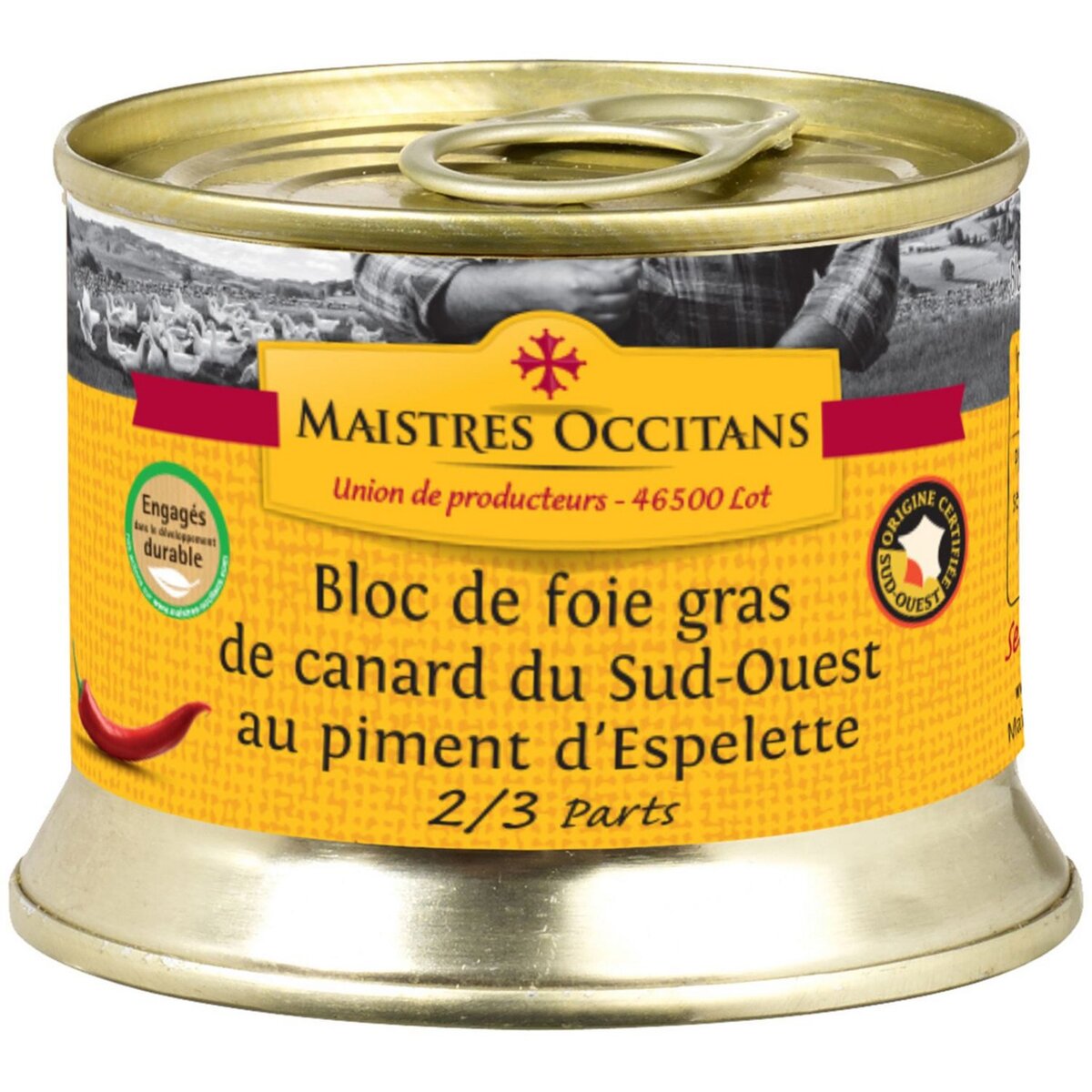 MAISTRES OCCITANS Bloc de foie gras de canard du sud-ouest au piment 2-3 parts 140g
