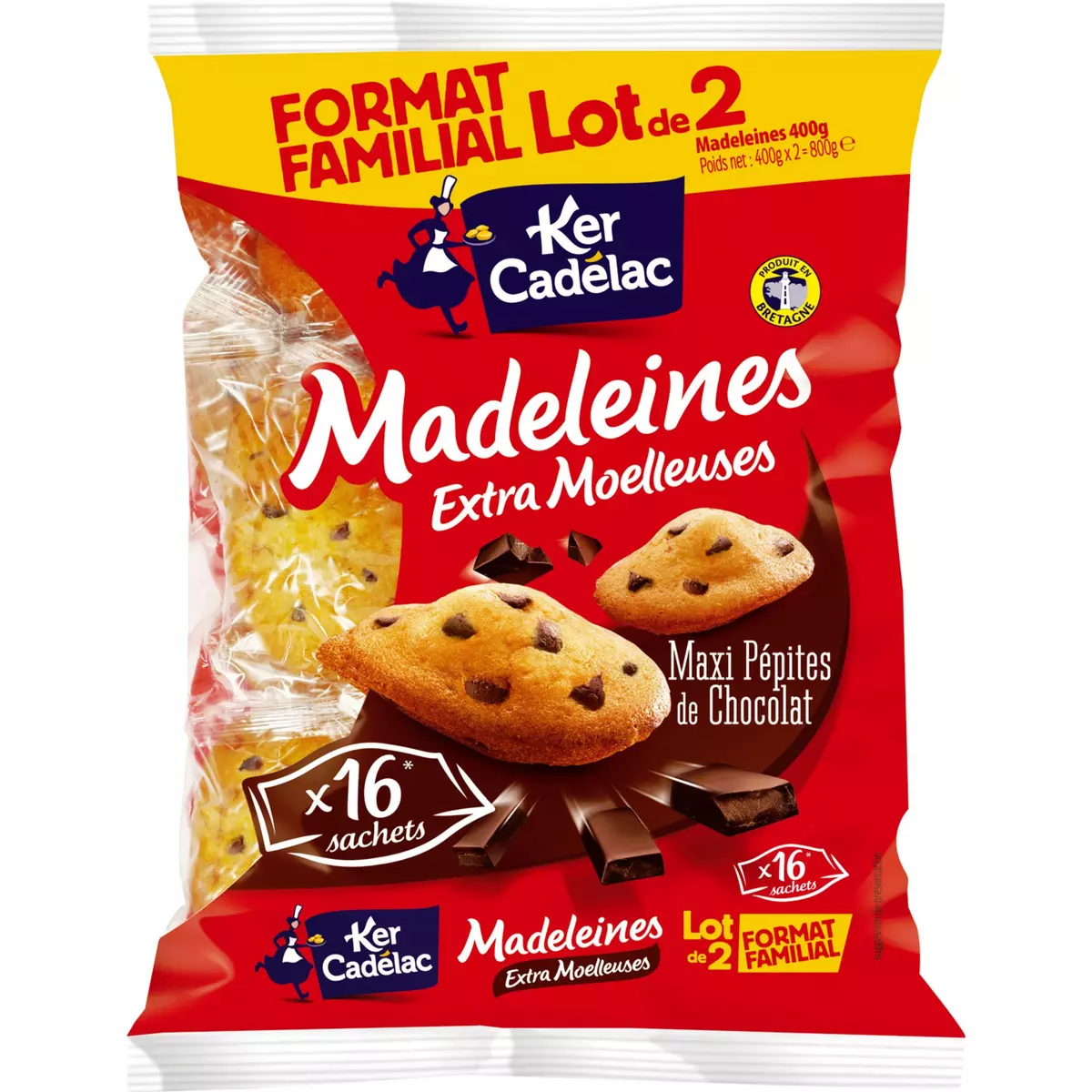 KER CADELAC Ker Cadelac madeleines maxi aux pépites de chocolat 2x400g 2x8 madeleines 2x400g