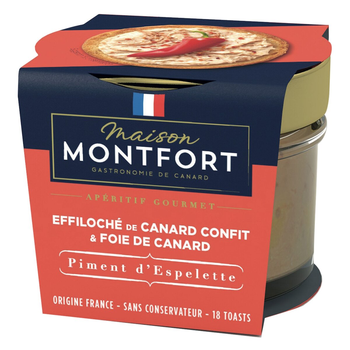 MAISON MONTFORT Effiloché de canard confit et foie de canard au piment d'espelette France 18 toasts 90g