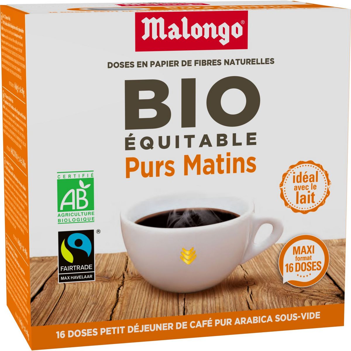 MALONGO Café bio purs matins en dosette compatible Senseo 16 dosettes 104g