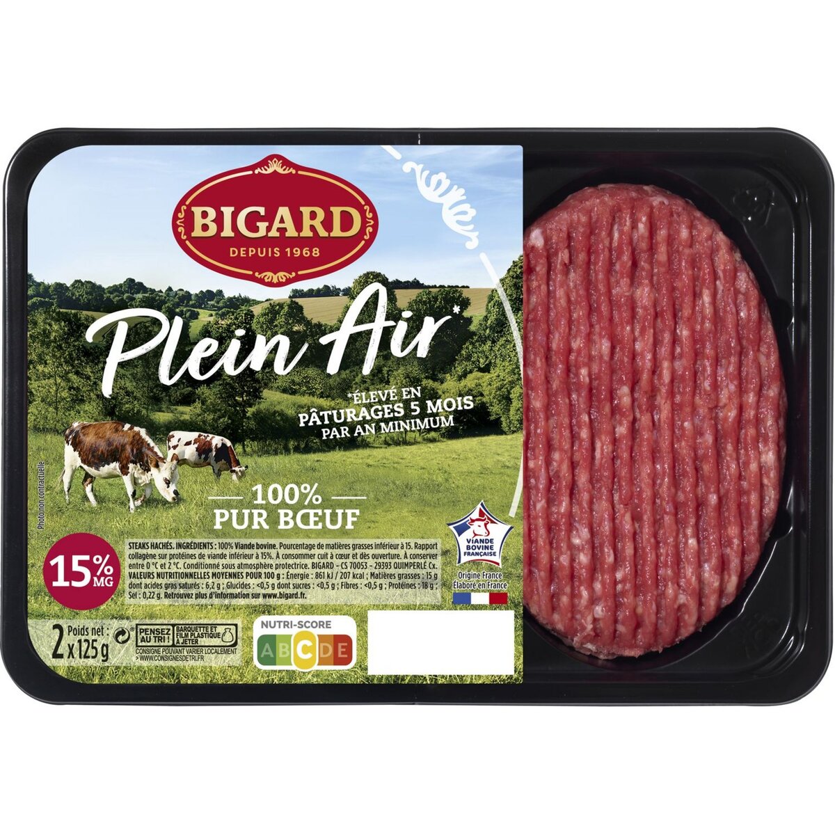 BIGARD Steaks hachés plein air 15%mg 2 pièces 250g