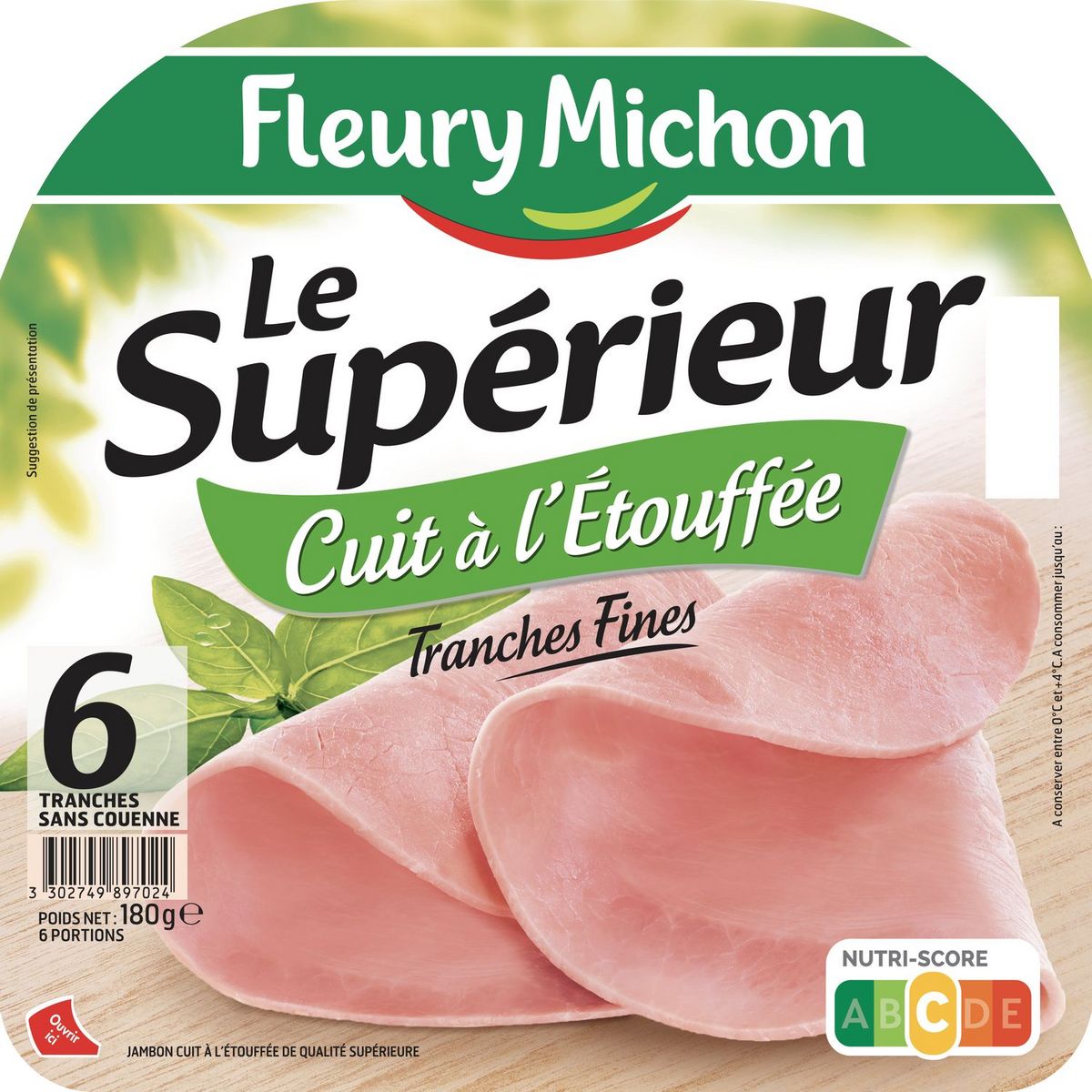 FLEURY MICHON Jambon cuit à l'étouffé sans couenne 6 tranches 180g