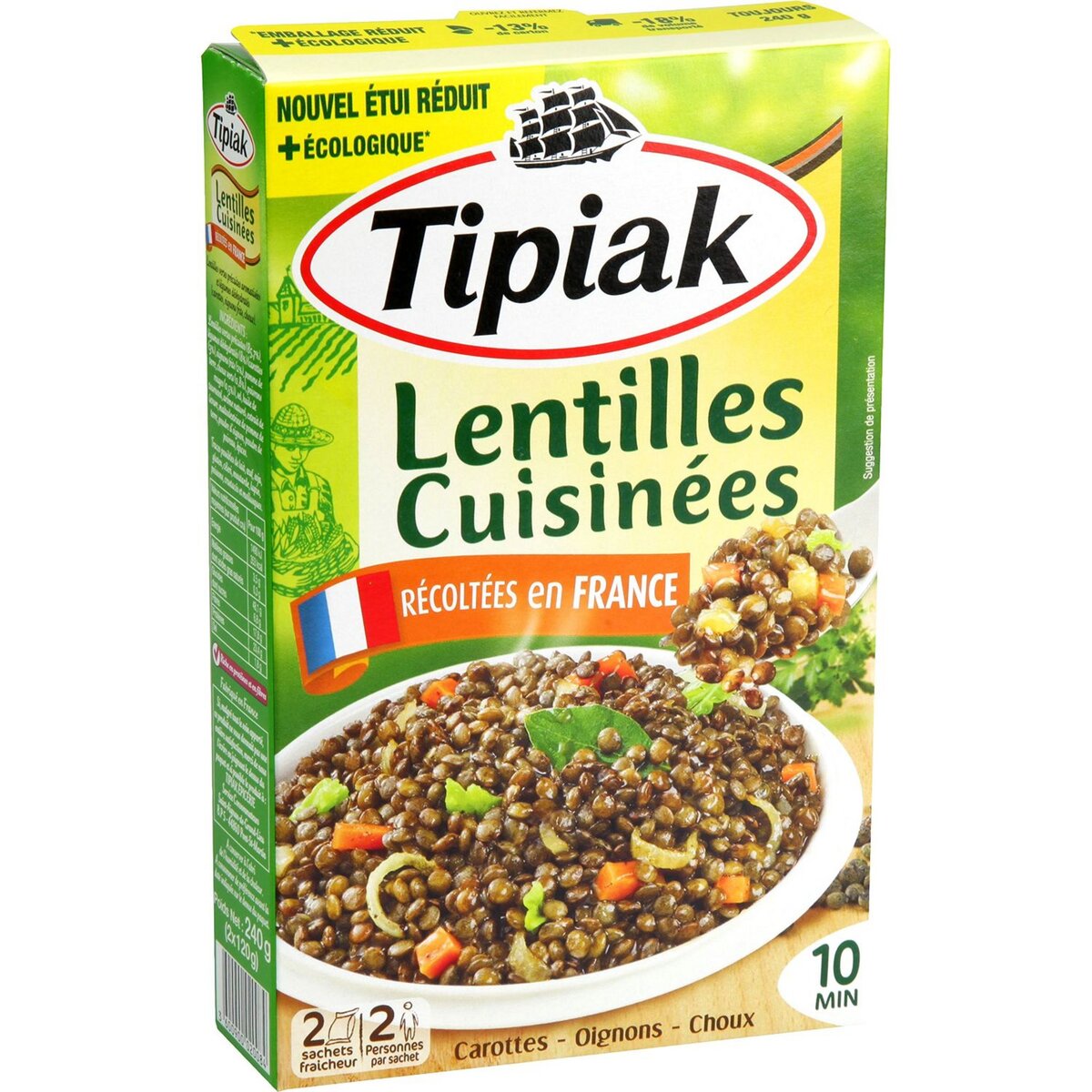 TIPIAK Lentilles cuisinées carottes oignons, sachets cuisson 10min 2 sachets 2x120g
