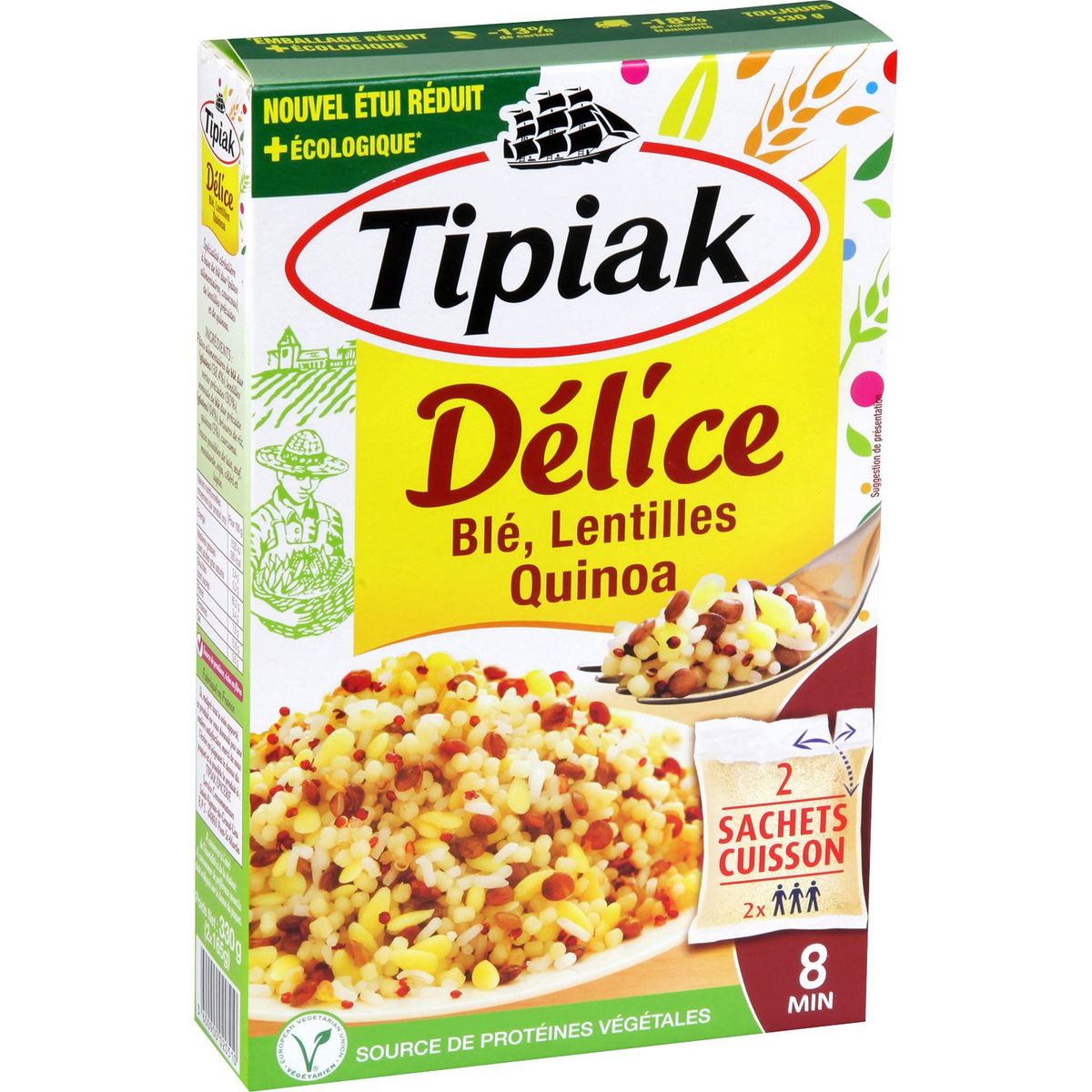 TIPIAK Délice blé Lentilles Quinoa, sachet cuisson prêt en 8 min 2 sachets 2x165g