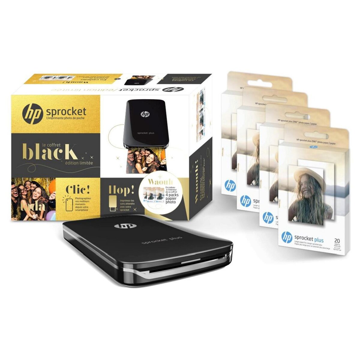 HP Pack Imprimante photo portable Sprocket Plus - Noir + 80 feuilles photo  pas cher 