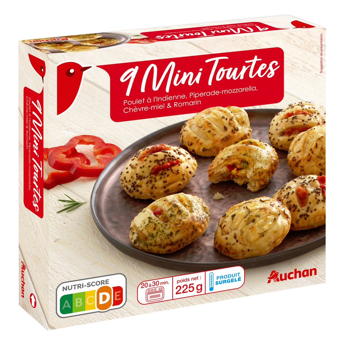 AUCHAN Mini tourte poulet à l'indienne, piperade-mozzarella, chèvre-miel romarin 9 pièces 225g