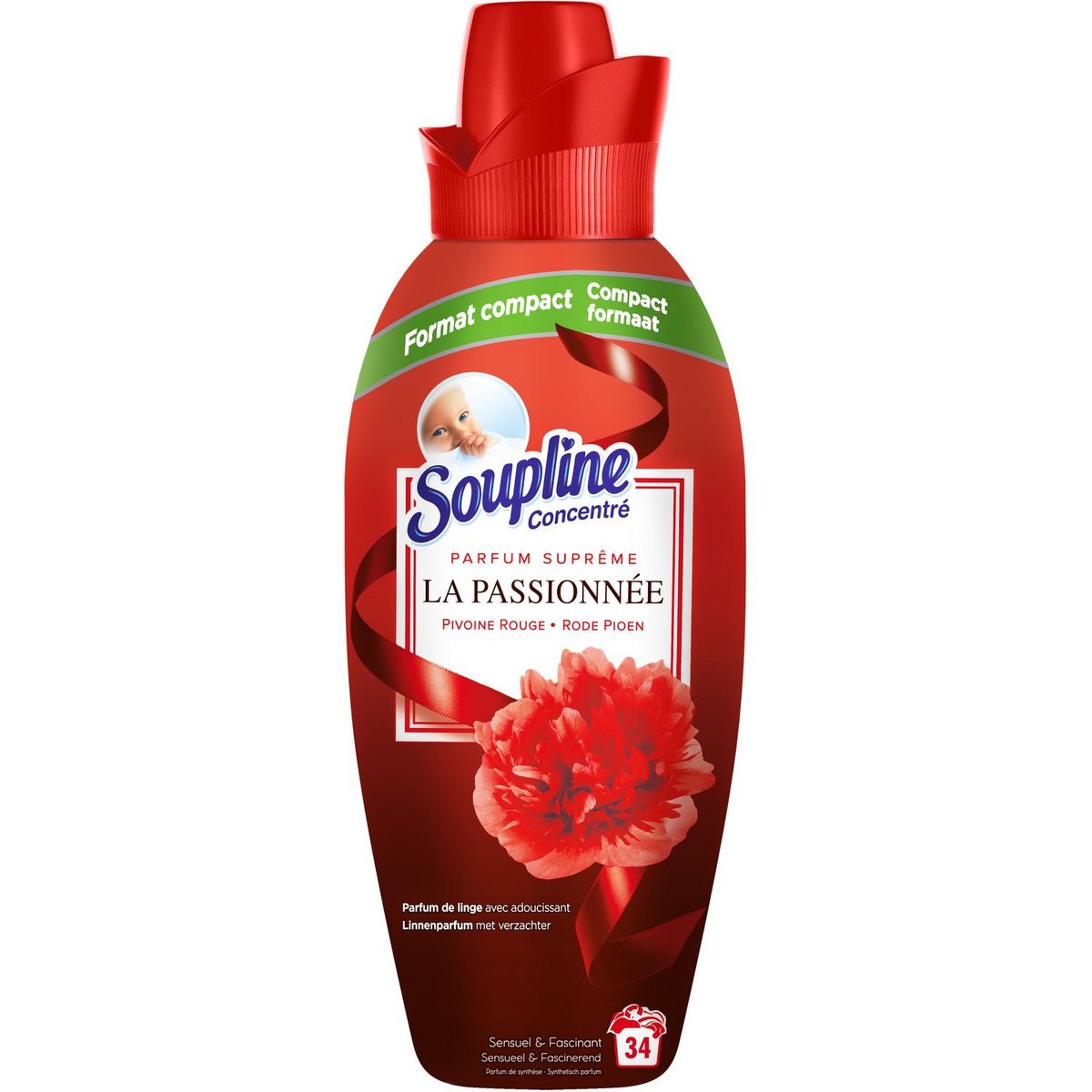 SOUPLINE Assouplissant liquide concentré parfum suprême pivoine rouge 34 lavages 800ml