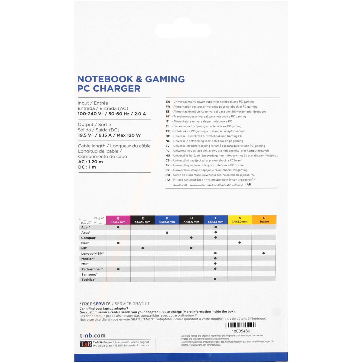 TNB Chargeur universel Notebook 120 W / 19V