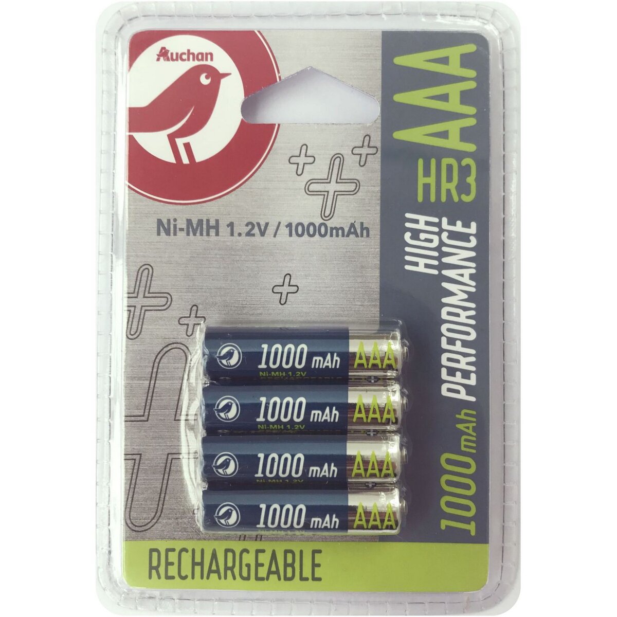 AUCHAN Lot de 4 piles premium AA/HR6 rechargeables 1.2v 2500mah pas cher 