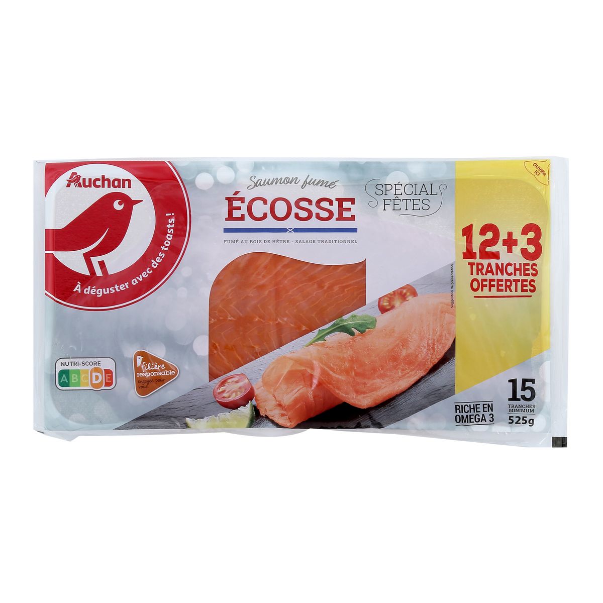 AUCHAN Saumon fumé d'Ecosse 12 tranches +3 offertes 525g