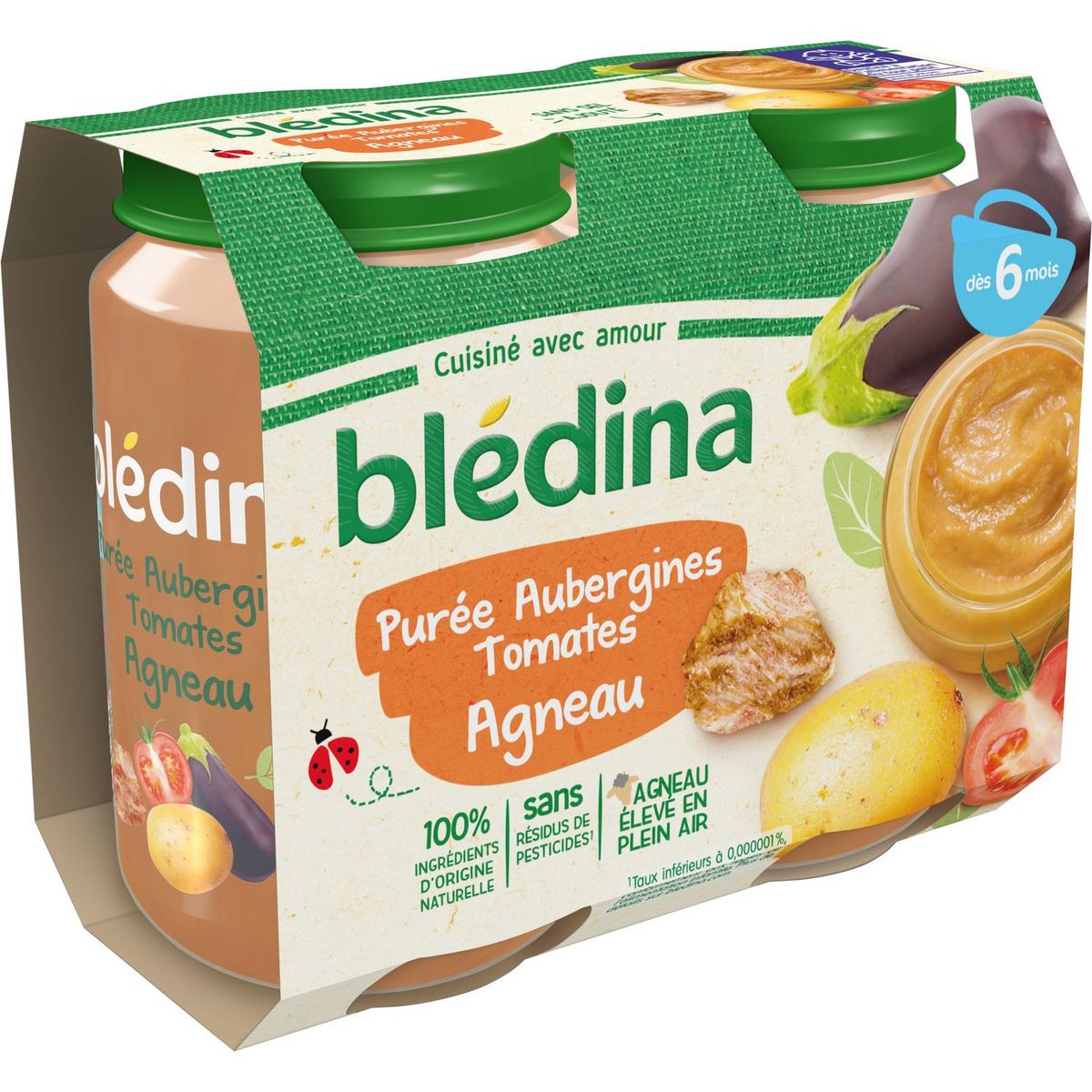 BLEDINA Petit pot purée aubergines tomates et agneau dès 6 mois 2x200g